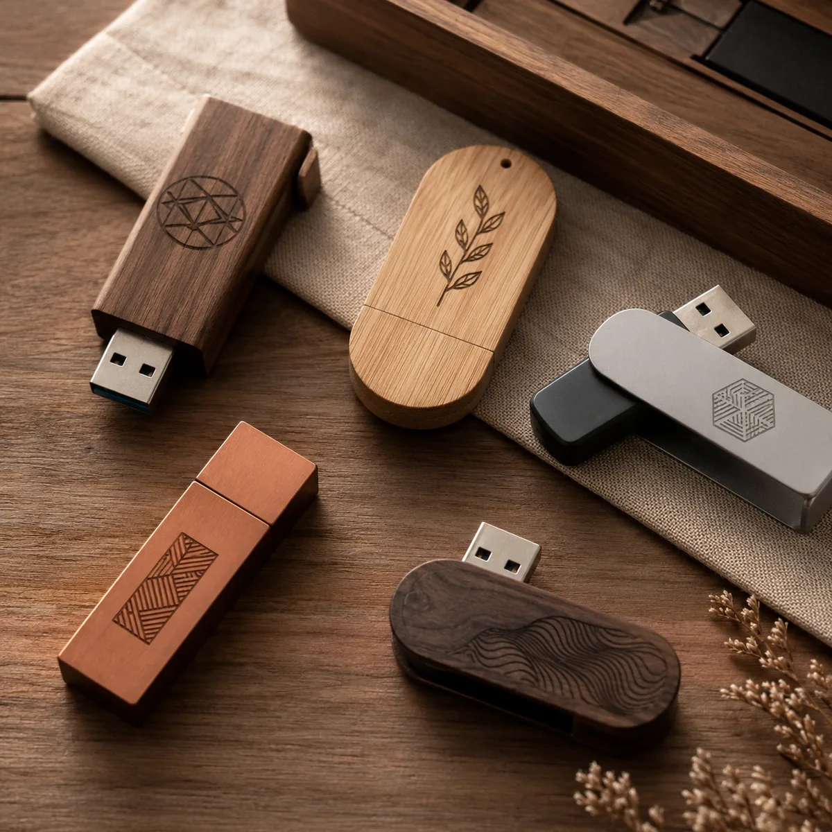 Lasersko gravirani leseni in kovinski USB ključki